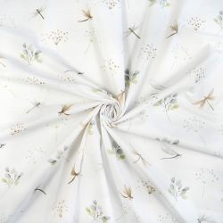 100% Baumwolle mit Libellen und Blättern auf weißem Hintergrund