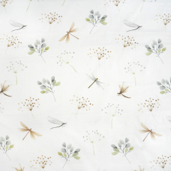 100% Baumwolle mit Libellen und Blättern auf weißem Hintergrund