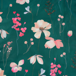 100% Baumwolle mit lachsfarbenen Blumen auf dunkelgrünem Hintergrund