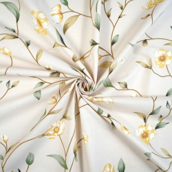 100% Baumwolle gelbe Blumen Ranken auf beigem Hintergrund - 220 cm