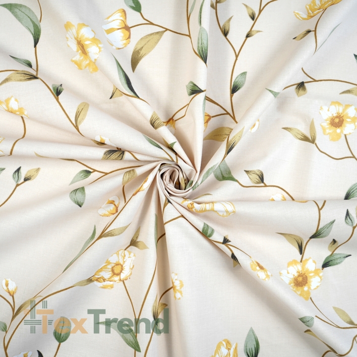 100% Baumwolle gelbe Blumen Ranken auf beigem Hintergrund - 220 cm