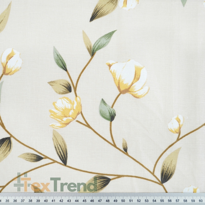 100% Baumwolle gelbe Blumen Ranken auf beigem Hintergrund - 220 cm