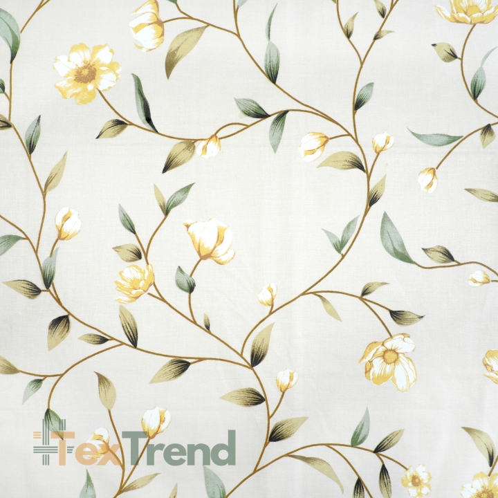 100% Baumwolle gelbe Blumen Ranken auf beigem Hintergrund - 220 cm