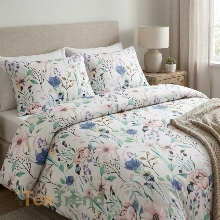 100% Baumwolle mit jeansblauen, rosa und lila blumen und zweigen - 220 cm