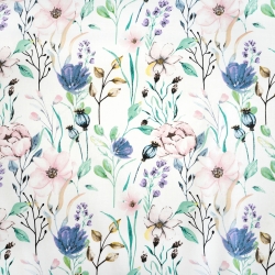 100% Baumwolle mit jeansblauen, rosa und lila blumen und zweigen - 220 cm