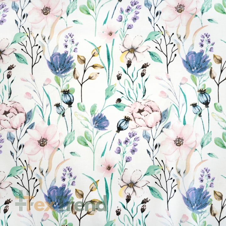 100% Baumwolle mit jeansblauen, rosa und lila blumen und zweigen - 220 cm
