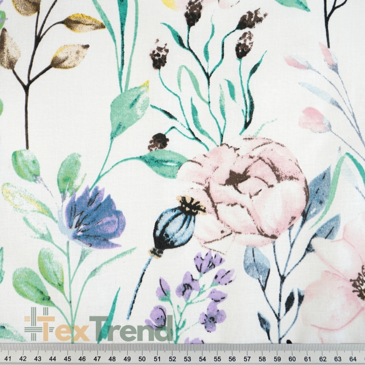 100% Baumwolle mit jeansblauen, rosa und lila blumen und zweigen - 220 cm