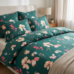 100% Baumwolle mit lachsfarbenen Blumen auf dunkelgrünem Hintergrund - 220 cm