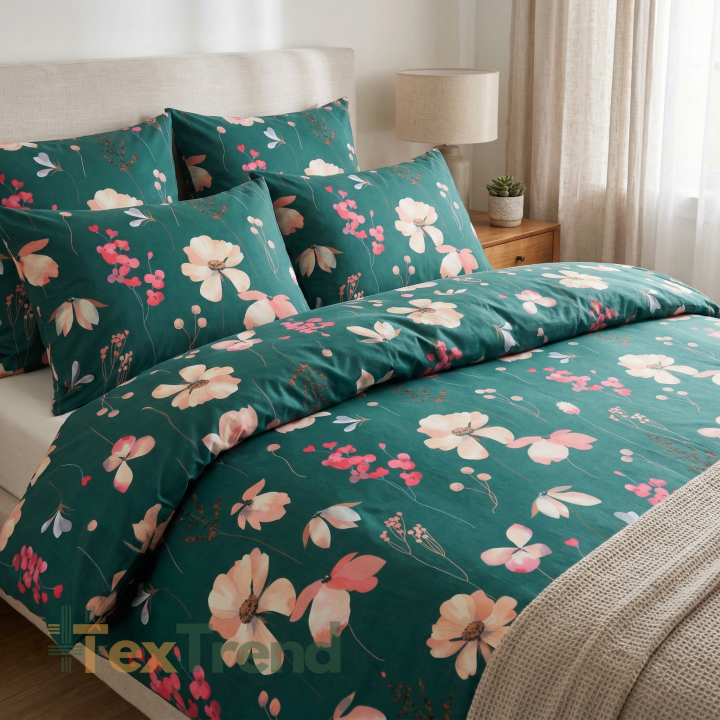 100% Baumwolle mit lachsfarbenen Blumen auf dunkelgrünem Hintergrund - 220 cm