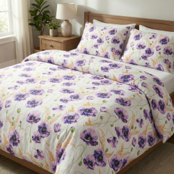 100% Baumwolle große lila Mohnblumen auf weißem Hintergrund