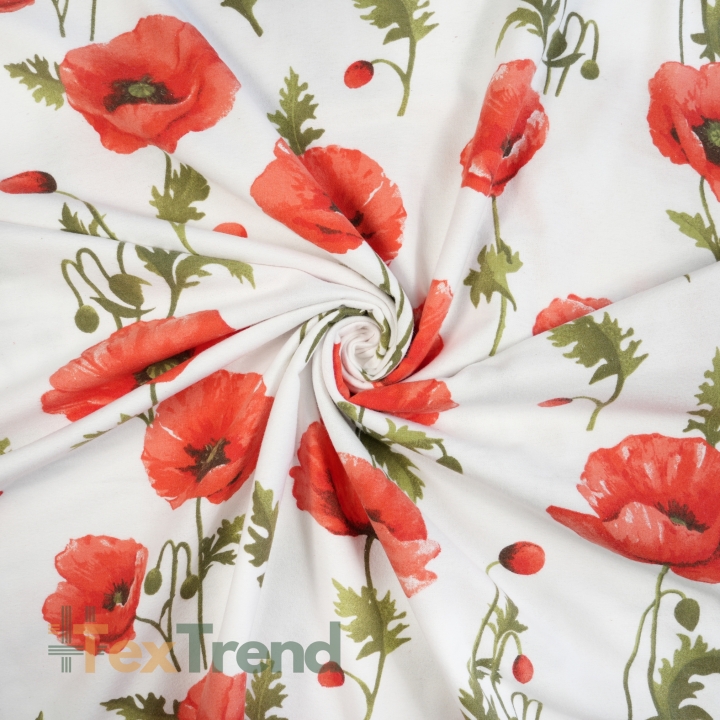 Flanell mit großen roten Mohnblumen auf weißem Hintergrund