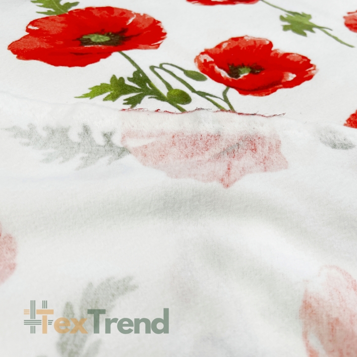 Flanell mit großen roten Mohnblumen auf weißem Hintergrund
