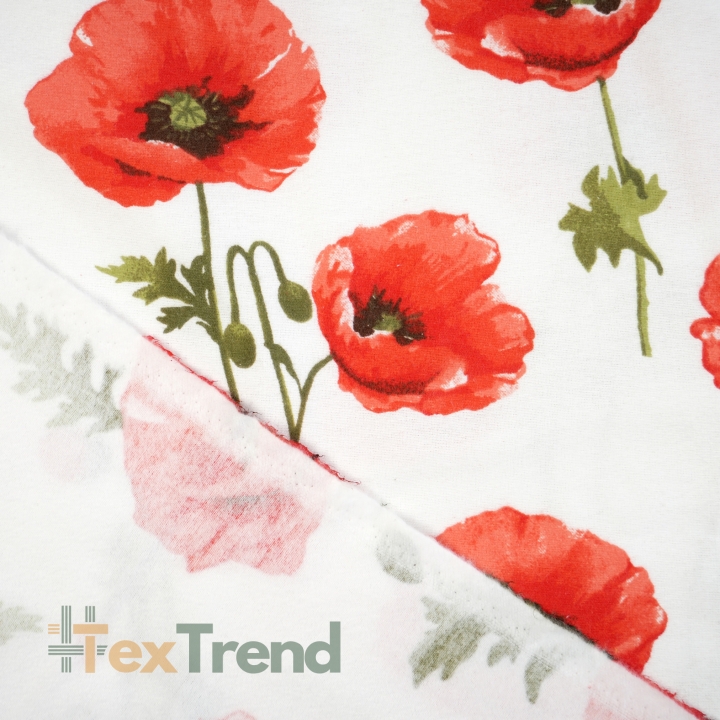 Flanell mit großen roten Mohnblumen auf weißem Hintergrund