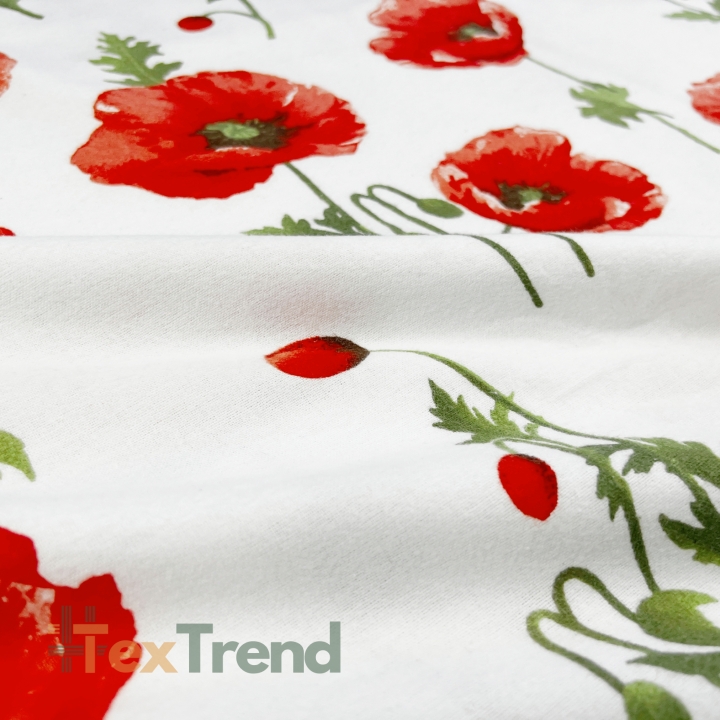 Flanell mit großen roten Mohnblumen auf weißem Hintergrund