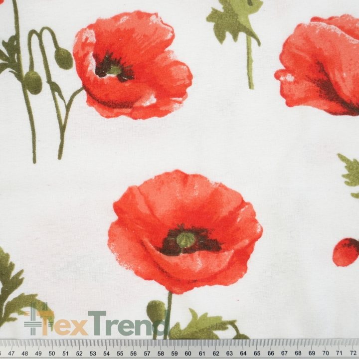 Flanell mit großen roten Mohnblumen auf weißem Hintergrund