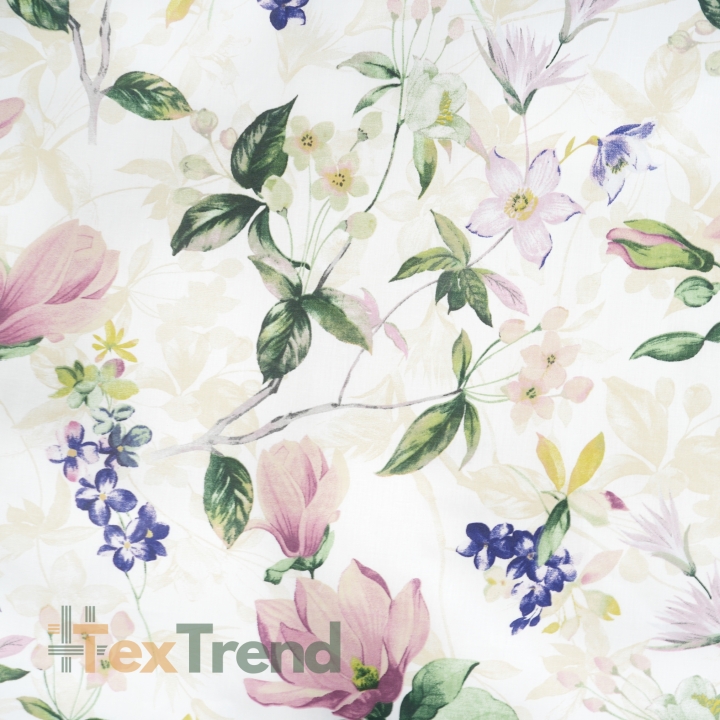 100% Baumwolle Magnolienblüten mit Clematis auf weißem Hintergrund - 220 cm