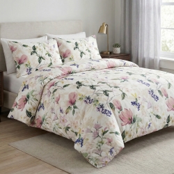 100% Baumwolle Magnolienblüten mit Clematis auf weißem Hintergrund - 220 cm