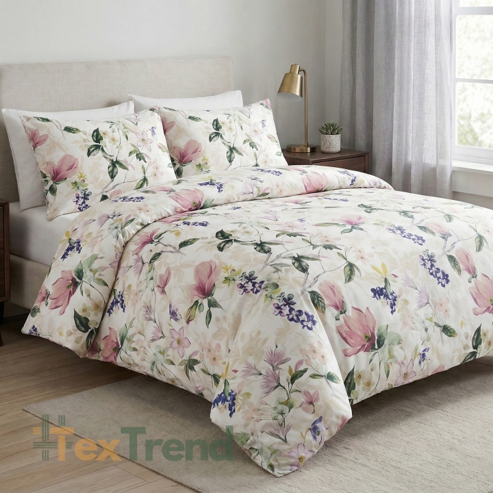 100% Baumwolle Magnolienblüten mit Clematis auf weißem Hintergrund - 220 cm