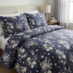 100% Baumwolle mit Maiglöckchen und wilden Rosen auf dunkelblauem Hintergrund