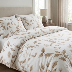 100% Baumwolle Blätter an Zweigen beige auf weißem Hintergrund