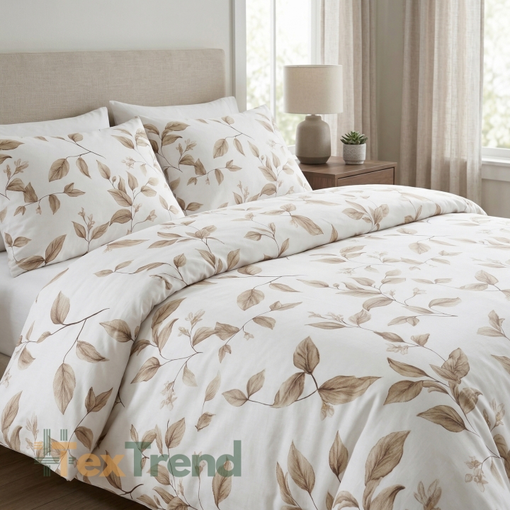 100% Baumwolle Blätter an Zweigen beige auf weißem Hintergrund