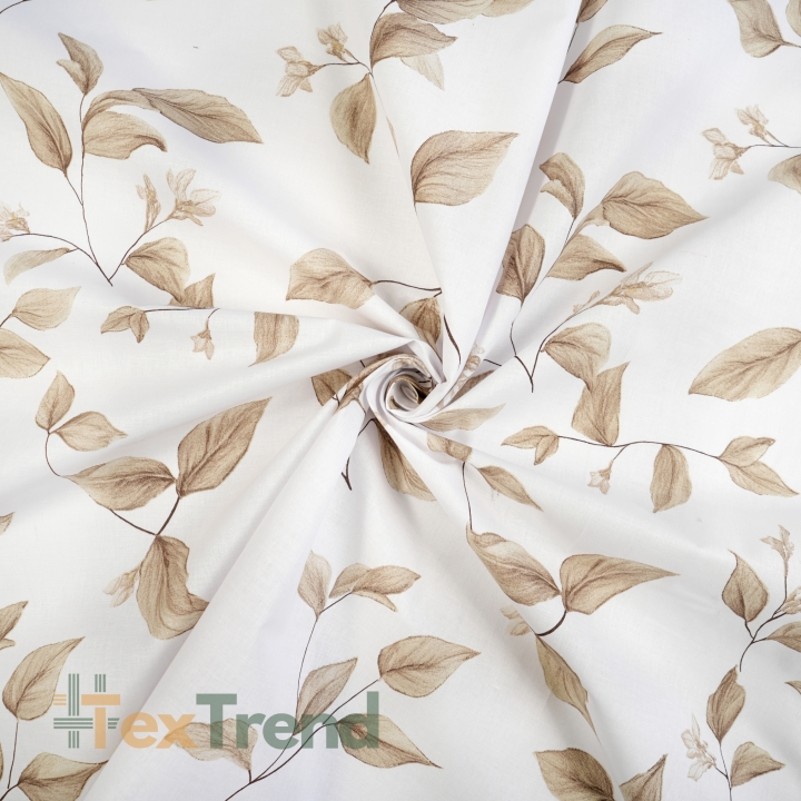 100% Baumwolle Blätter an Zweigen beige auf weißem Hintergrund