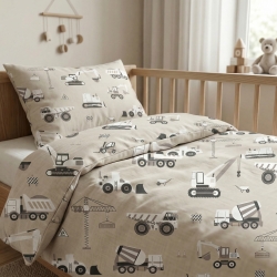 100% Baumwolle Baufahrzeuge auf beigem Hintergrund