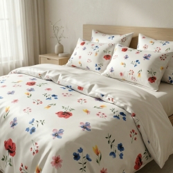 Bunte Baumwollsatin mit Blumenmuster auf weißem Hintergrund