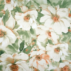 Baumwollsatin mit Pfingstrosenmuster in Grün-Beige