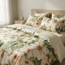 Baumwollsatin mit Pfingstrosenmuster in Grün-Beige