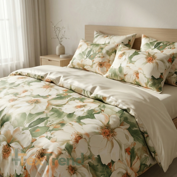 Baumwollsatin mit Pfingstrosenmuster in Grün-Beige