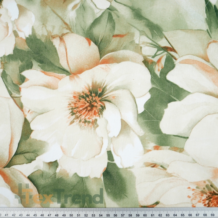 Baumwollsatin mit Pfingstrosenmuster in Grün-Beige