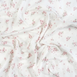 Muslin Double Gauze mit gedruckten rosa Blümchen und Blättern