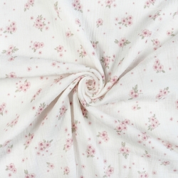 Muslin Double Gauze mit gedruckten rosa Blümchen und Blättern