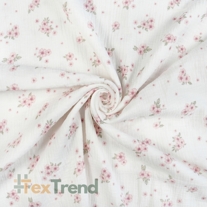 Muslin Double Gauze mit gedruckten rosa Blümchen und Blättern