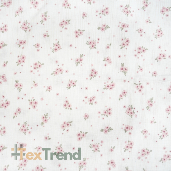 Muslin Double Gauze mit gedruckten rosa Blümchen und Blättern