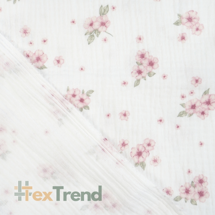 Muslin Double Gauze mit gedruckten rosa Blümchen und Blättern