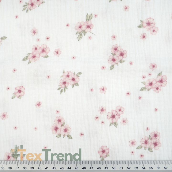 Muslin Double Gauze mit gedruckten rosa Blümchen und Blättern