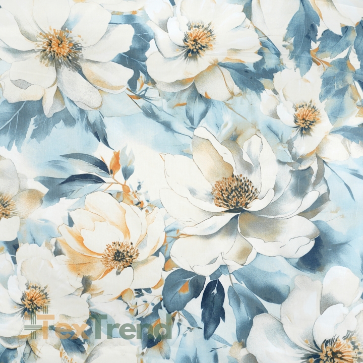 Baumwollsatin mit Pfingstrosen-Muster in Jeansbeige