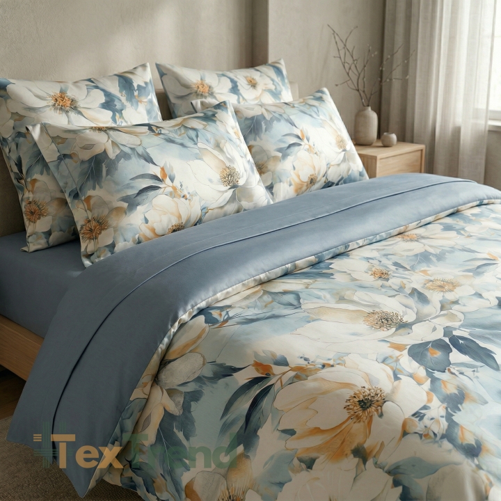 Baumwollsatin mit Pfingstrosen-Muster in Jeansbeige