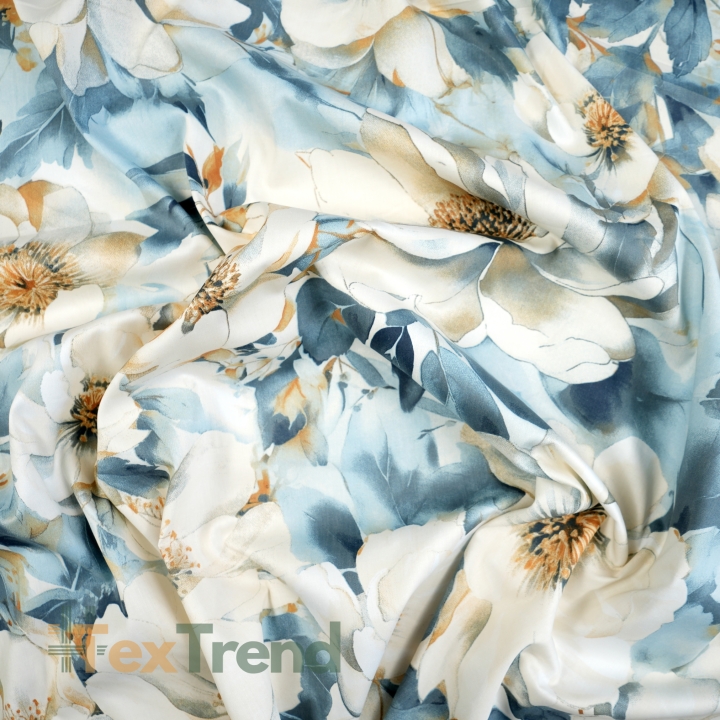 Baumwollsatin mit Pfingstrosen-Muster in Jeansbeige