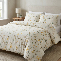 100% Baumwolle gelbe Blumen Ranken auf beigem Hintergrund - 220 cm