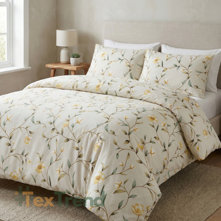100% Baumwolle gelbe Blumen Ranken auf beigem Hintergrund - 220 cm