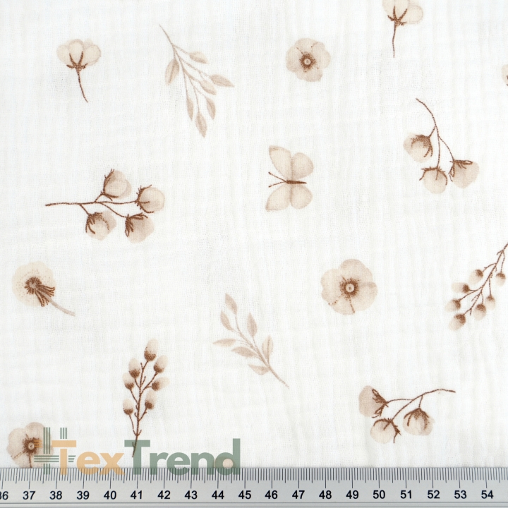 Muslin Double Gauze mit bedruckten Baumwollblumen und Schmetterlingen in Beige