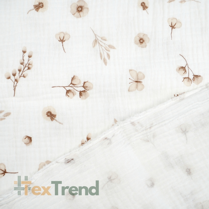 Muslin Double Gauze mit bedruckten Baumwollblumen und Schmetterlingen in Beige
