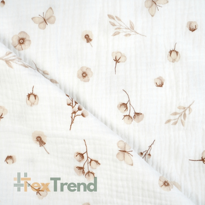 Muslin Double Gauze mit bedruckten Baumwollblumen und Schmetterlingen in Beige