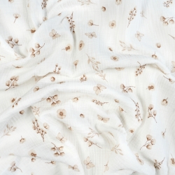Muslin Double Gauze mit bedruckten Baumwollblumen und Schmetterlingen in Beige