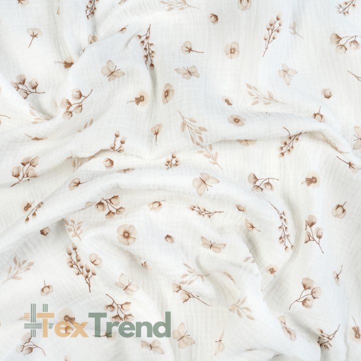 Muslin Double Gauze mit bedruckten Baumwollblumen und Schmetterlingen in Beige