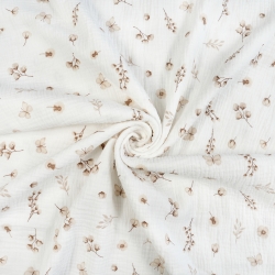 Muslin Double Gauze mit bedruckten Baumwollblumen und Schmetterlingen in Beige