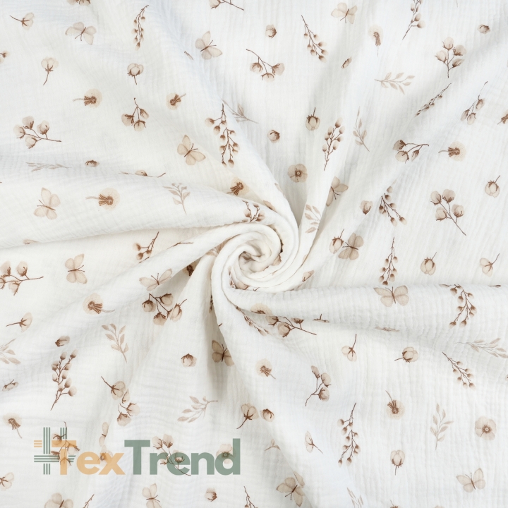 Muslin Double Gauze mit bedruckten Baumwollblumen und Schmetterlingen in Beige